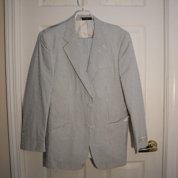 John Claredon Women 2PC Lapel Stripes Pants & Jacket Blue Size 38R NEW W/ TAGS - Picture 2 of 4